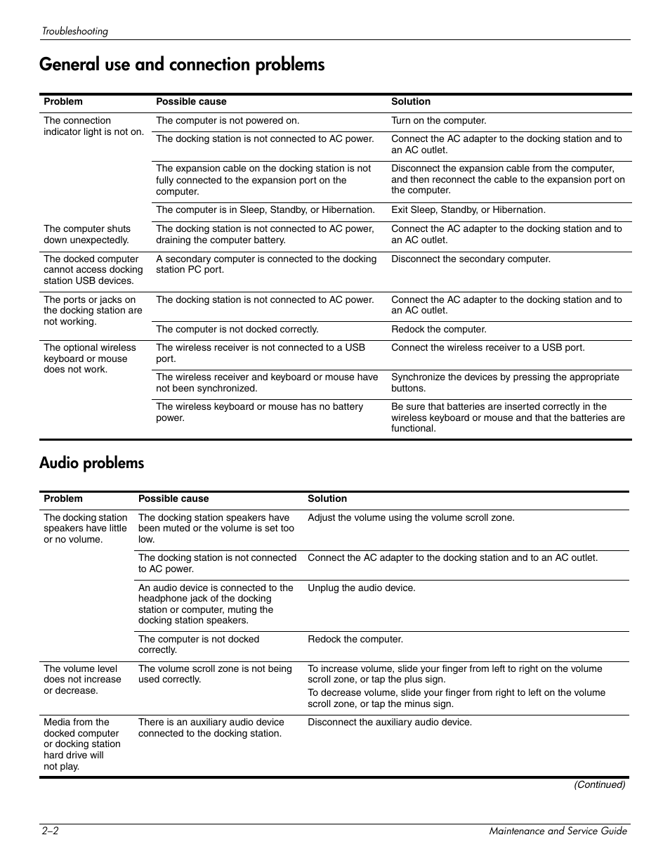 General use and connection problems, Audio problems, General use and connection problems –2 | Audio problems –2 | HP 463777-001 User Manual | Page 22 / 42