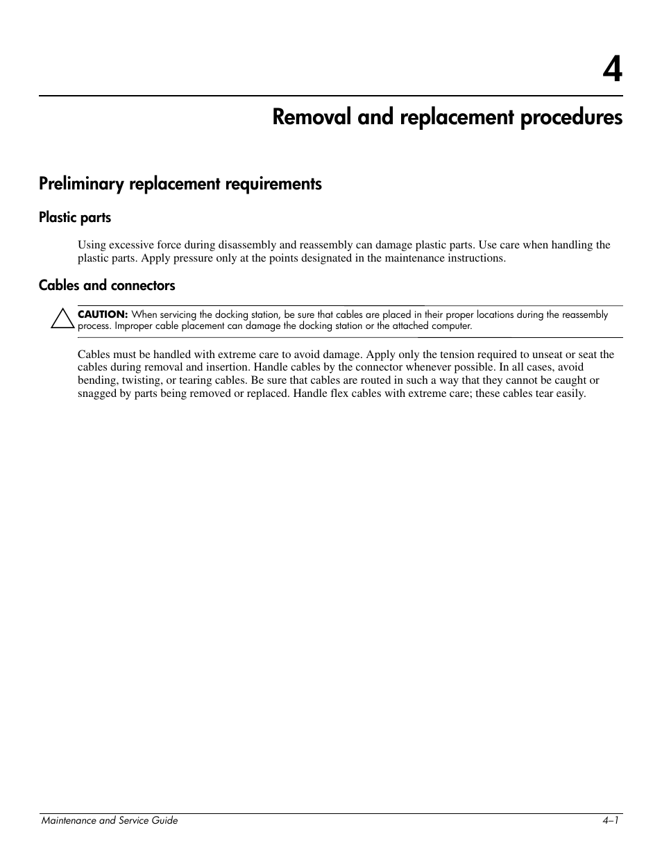 Removal and replacement procedures, Preliminary replacement requirements, 4 removal and replacement procedures | Preliminary replacement requirements –1 | HP 463777-001 User Manual | Page 27 / 42