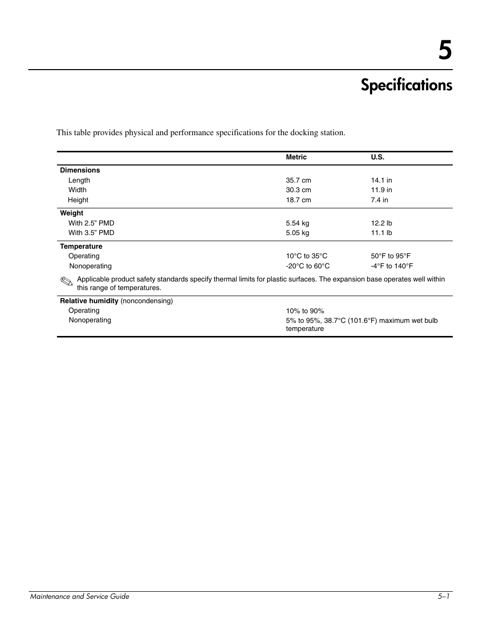 Specifications, 5 specifications | HP 463777-001 User Manual | Page 33 / 42