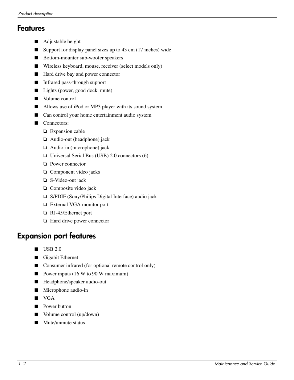 Features, Expansion port features, Features –2 expansion port features –2 | HP 463777-001 User Manual | Page 7 / 42
