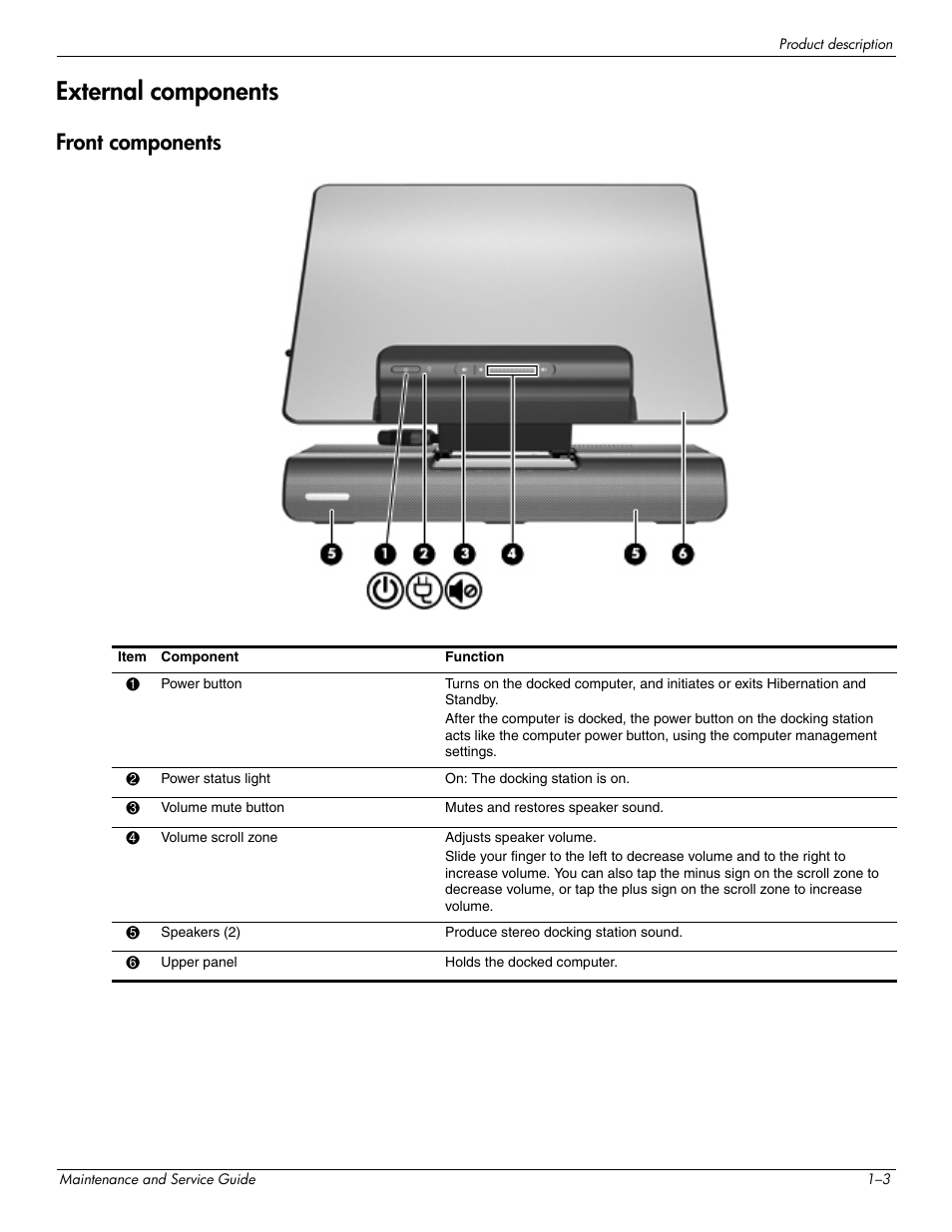 External components, Front components, External components –3 | Front components –3 | HP 463777-001 User Manual | Page 8 / 42