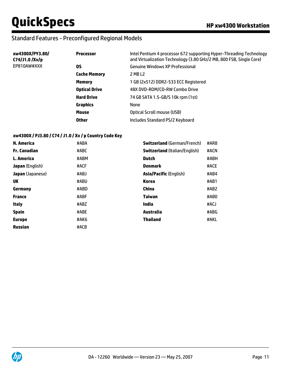 Standard features - preconfigured regional models, Quickspecs | HP XW4300 User Manual | Page 11 / 90