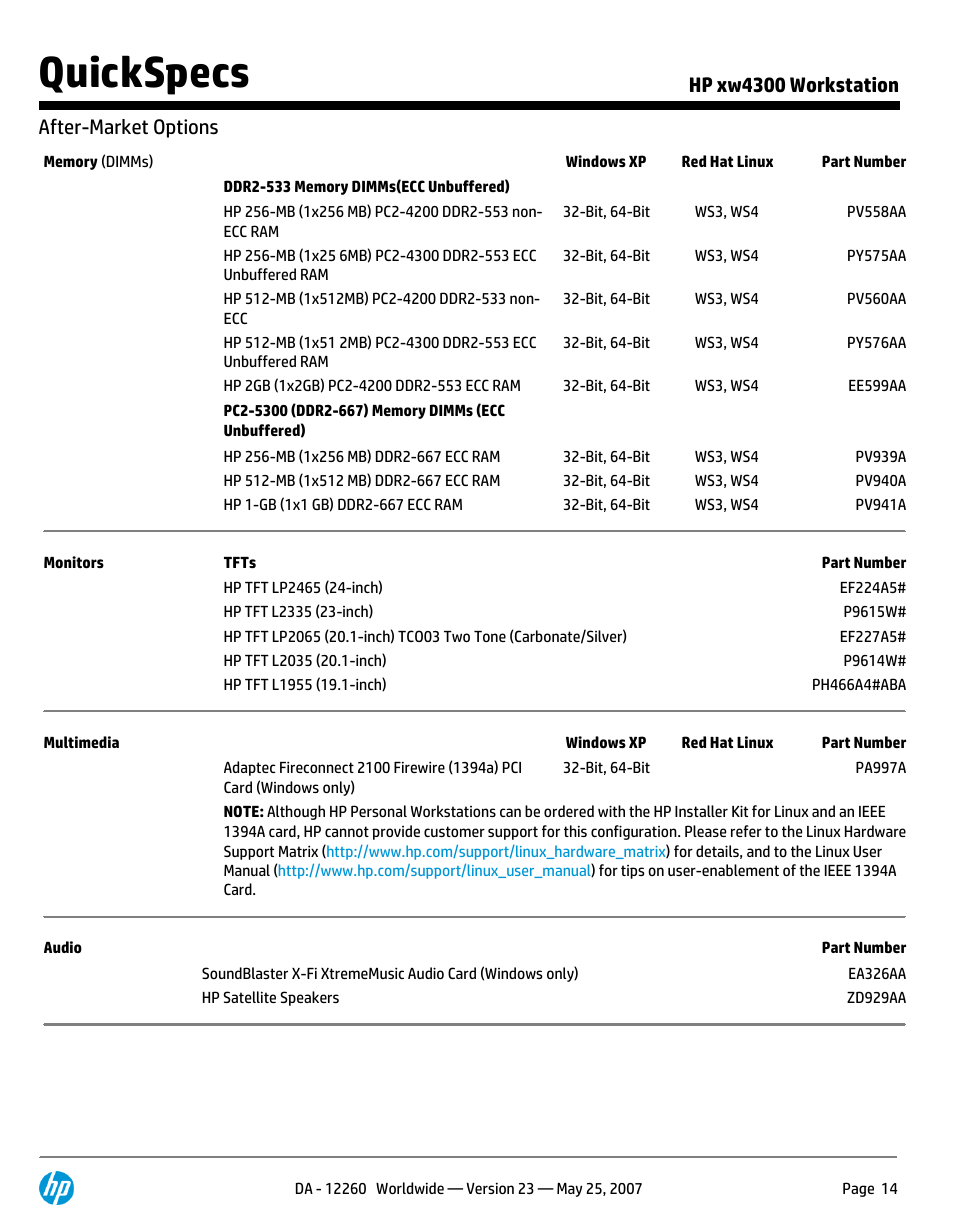 Quickspecs, Hp xw4300 workstation after-market options | HP XW4300 User Manual | Page 14 / 90