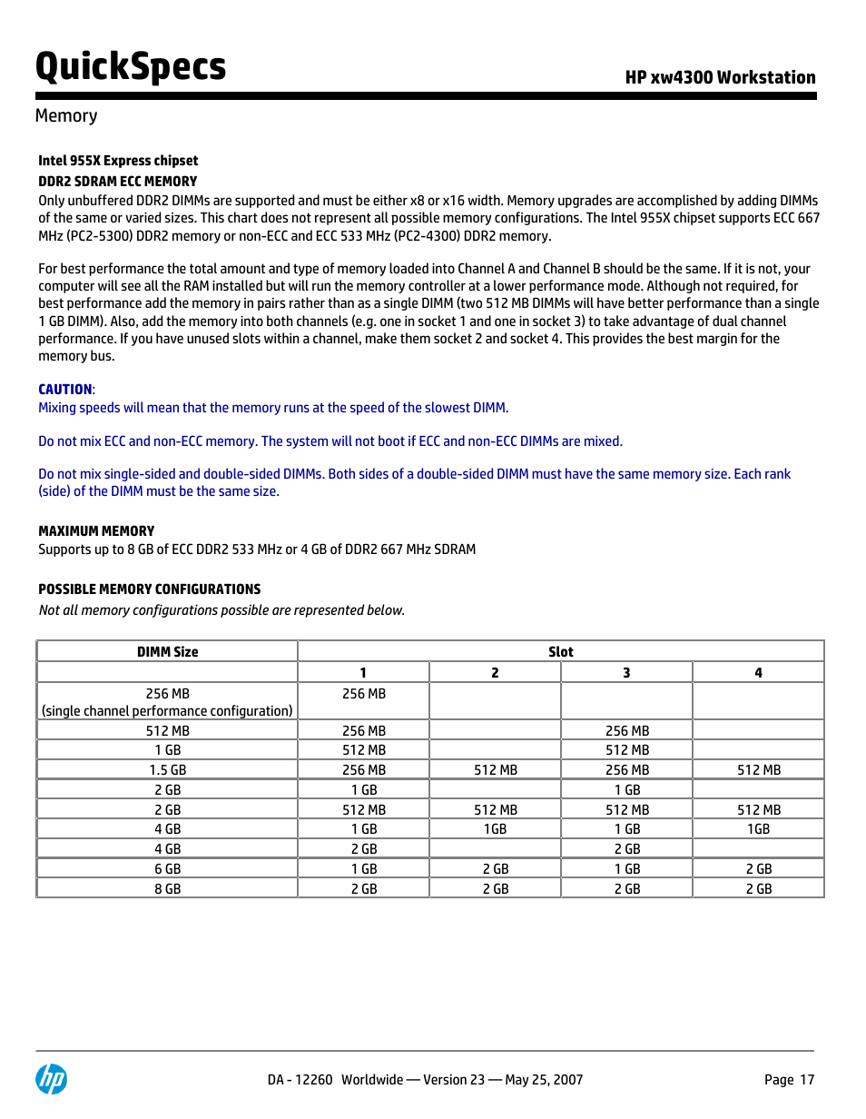 Memory, Quickspecs | HP XW4300 User Manual | Page 17 / 90