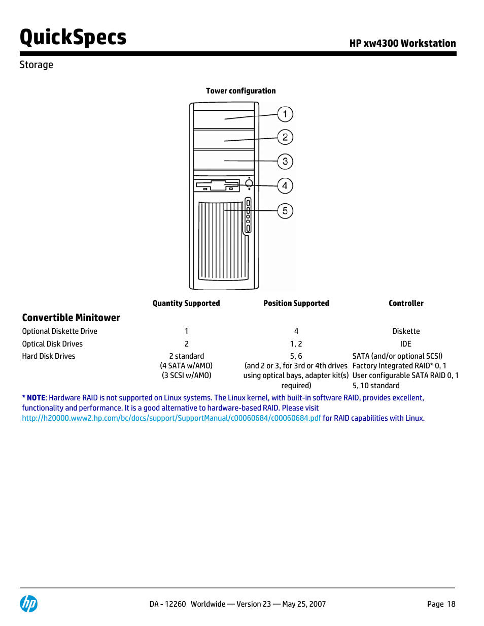 Storage, Quickspecs | HP XW4300 User Manual | Page 18 / 90