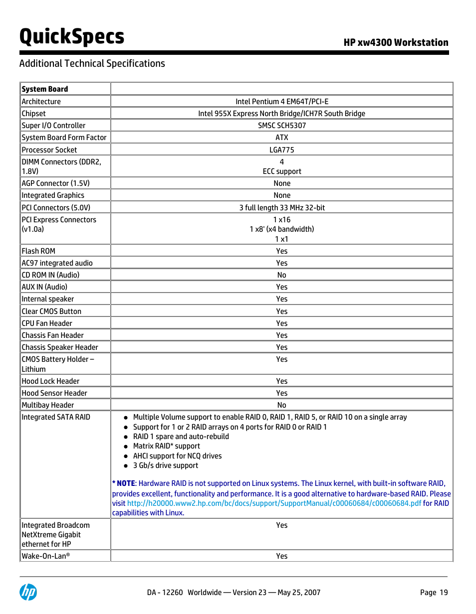 Additional technical specifications, Quickspecs | HP XW4300 User Manual | Page 19 / 90