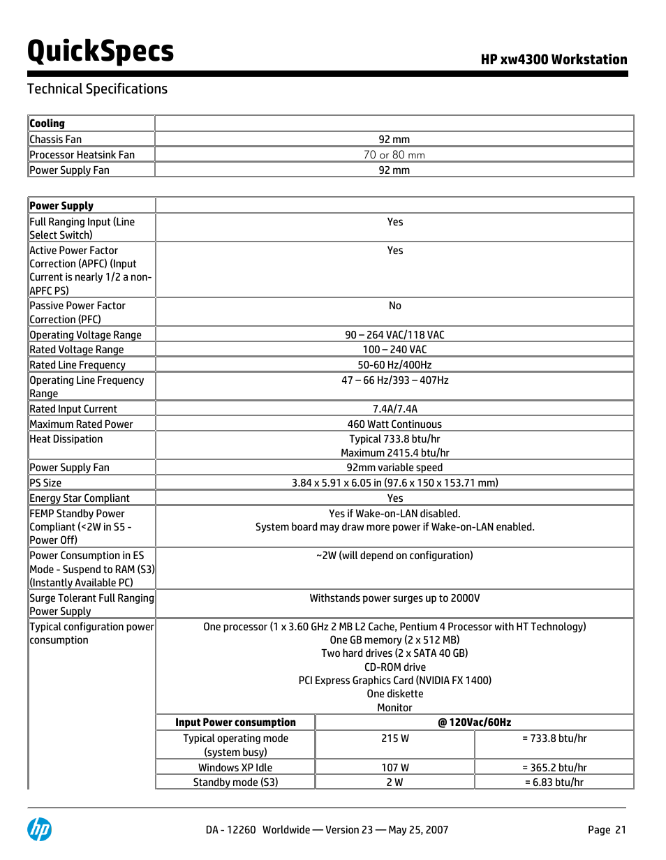 Technical specifications, Quickspecs, Hp xw4300 workstation technical specifications | HP XW4300 User Manual | Page 21 / 90