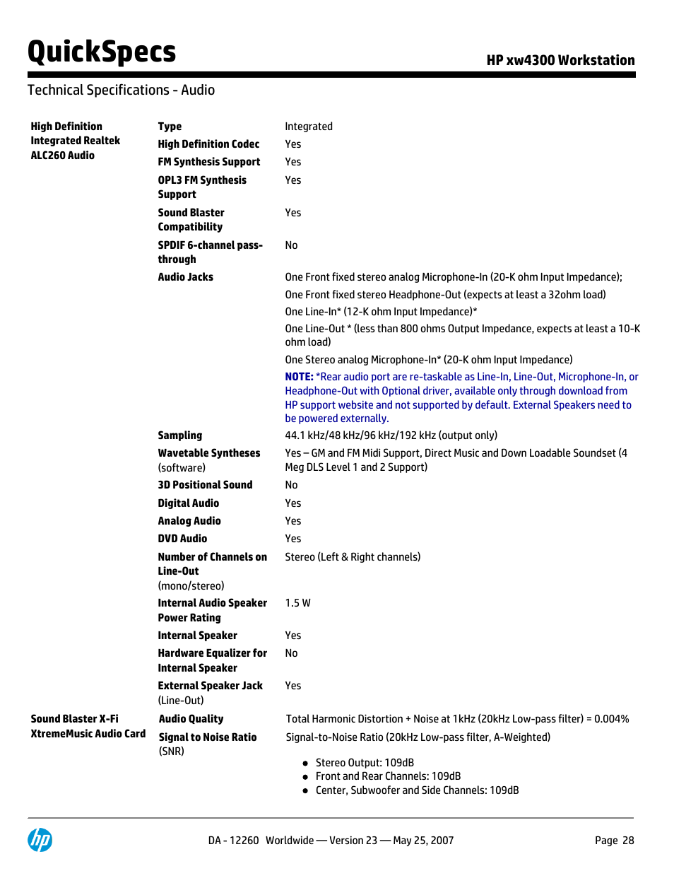 Technical specifications - audio, Quickspecs | HP XW4300 User Manual | Page 28 / 90