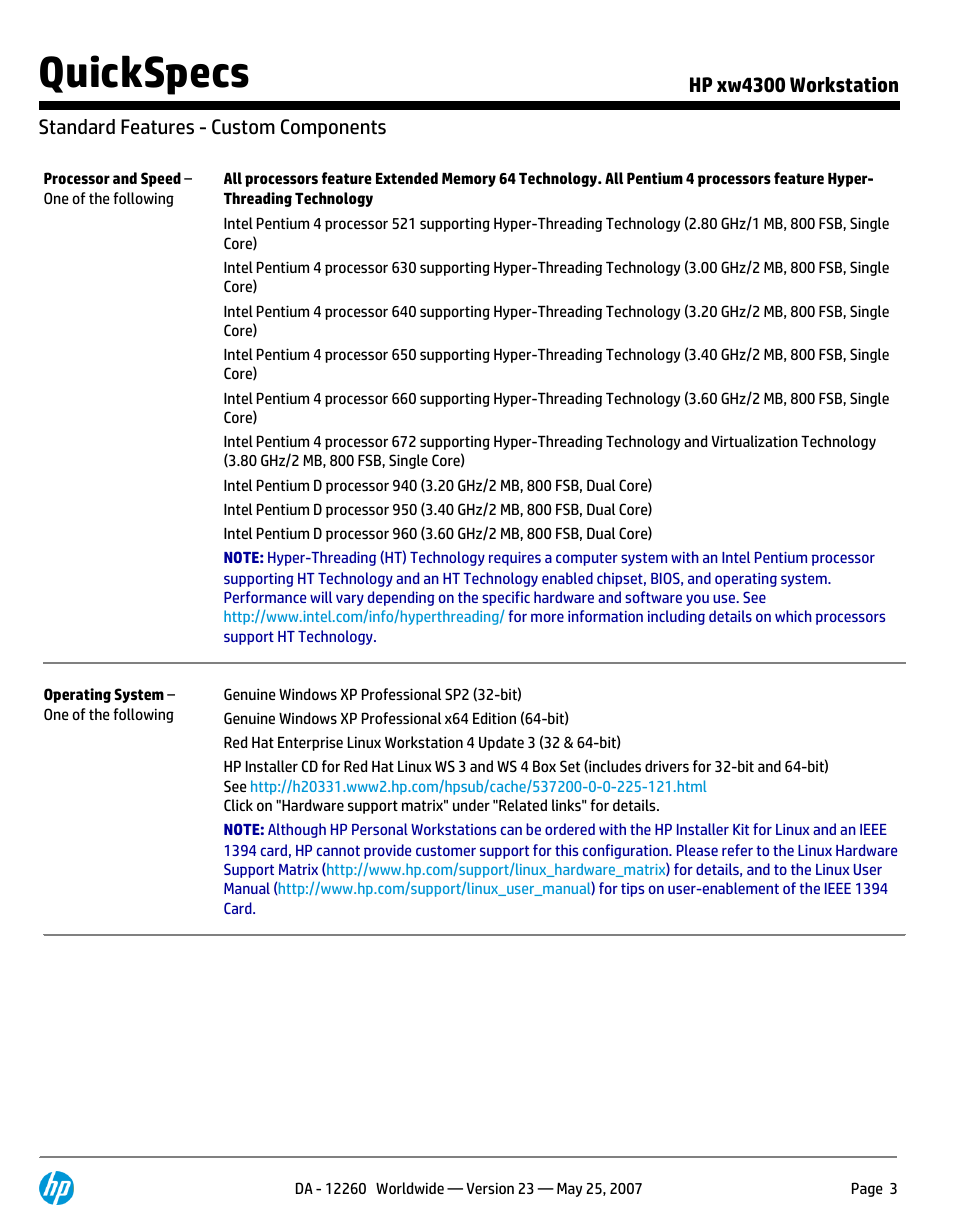 Standard features - custom components, Quickspecs | HP XW4300 User Manual | Page 3 / 90