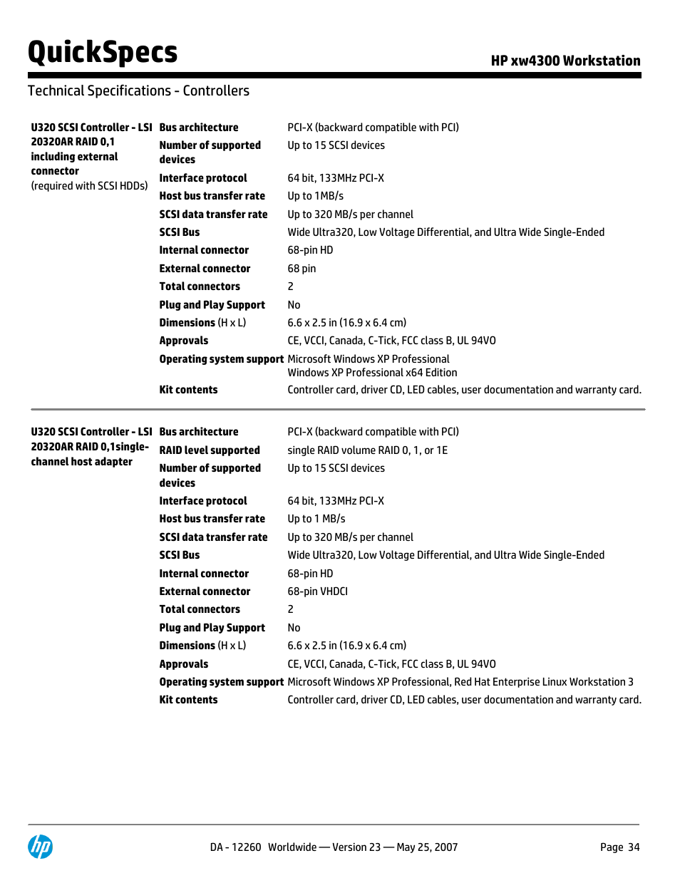 Technical specifications - controllers, Quickspecs | HP XW4300 User Manual | Page 34 / 90