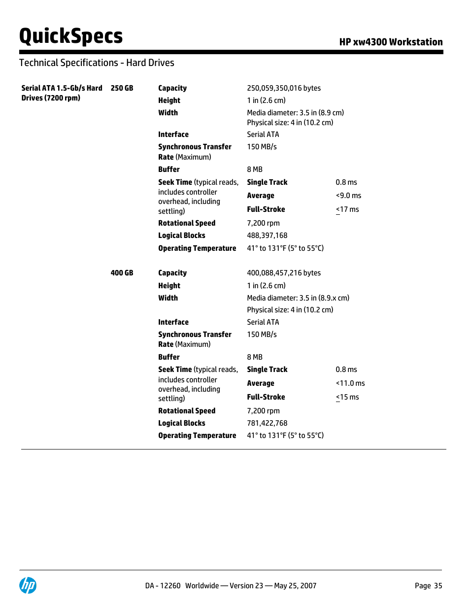 Technical specifications - hard drives, Quickspecs | HP XW4300 User Manual | Page 35 / 90