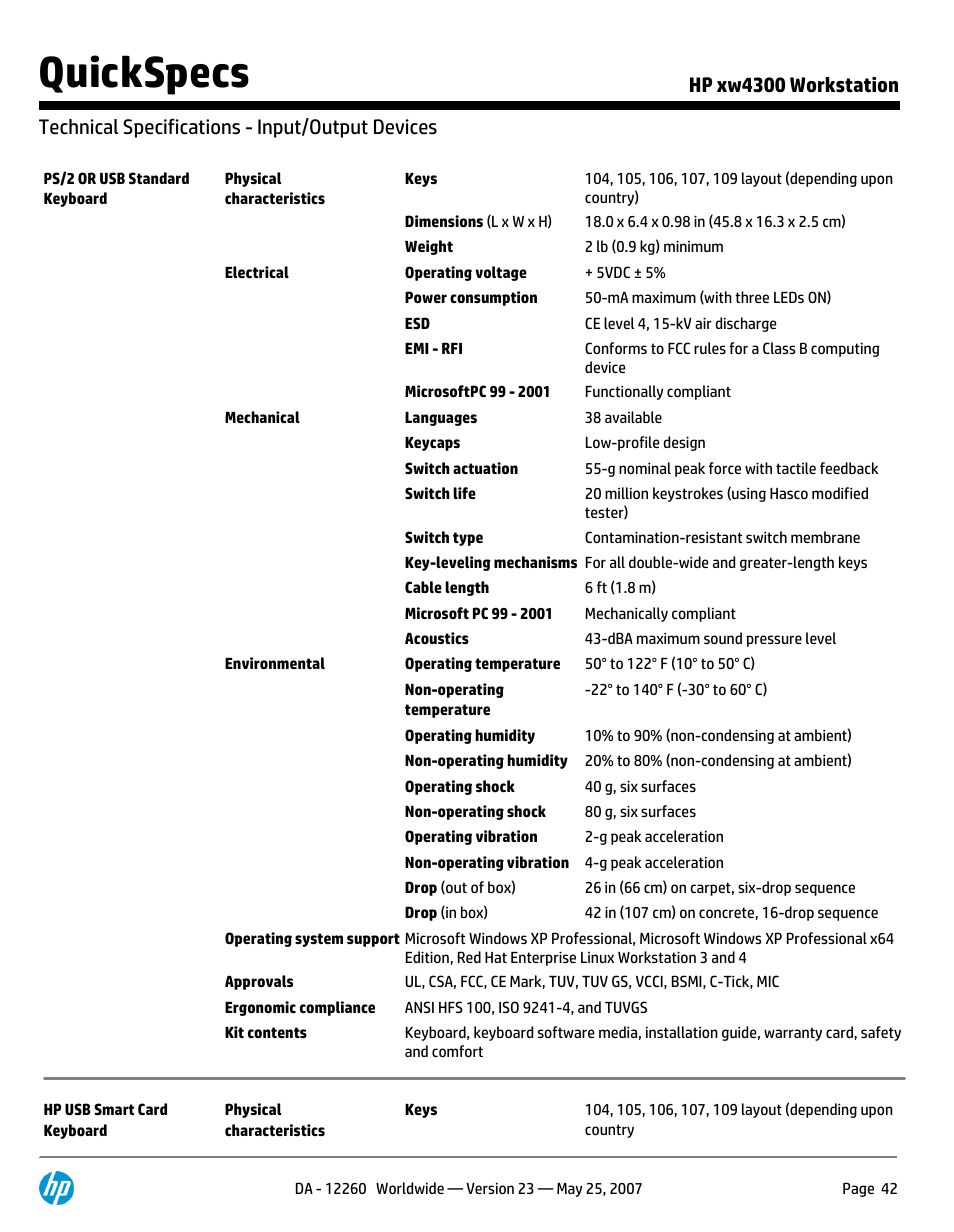 Technical specifications - input/output devices, Quickspecs | HP XW4300 User Manual | Page 42 / 90