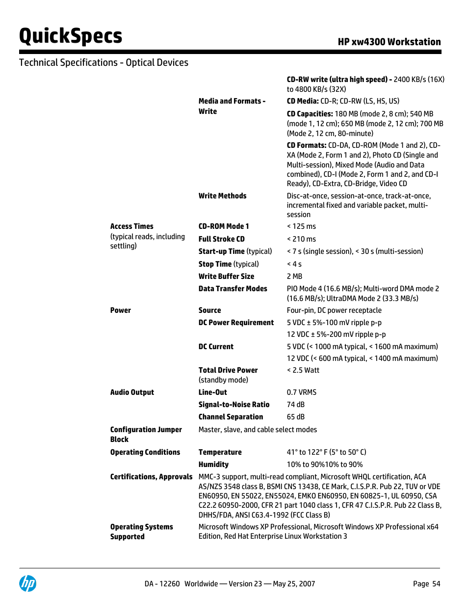 Quickspecs | HP XW4300 User Manual | Page 54 / 90