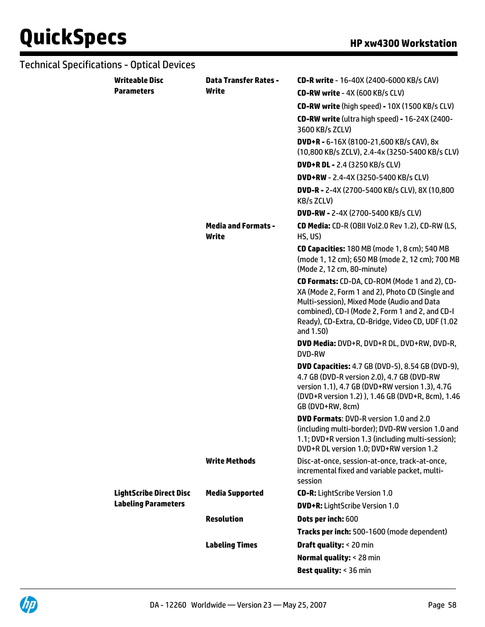 Quickspecs | HP XW4300 User Manual | Page 58 / 90