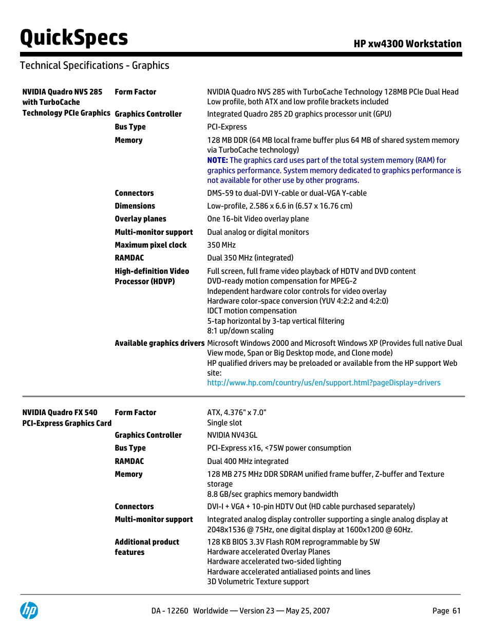 Technical specifications - graphics, Quickspecs | HP XW4300 User Manual | Page 61 / 90