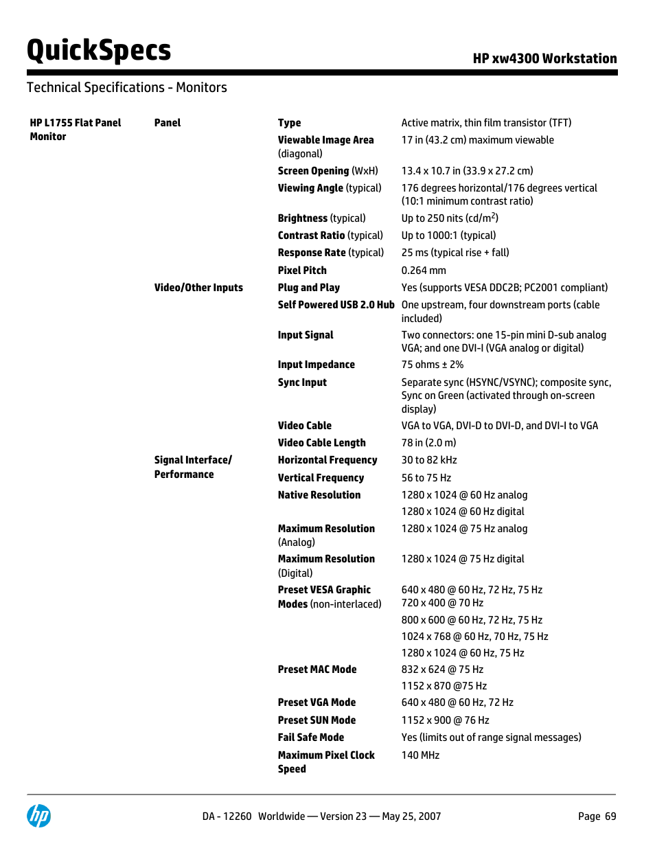 Technical specifications - monitors, Quickspecs | HP XW4300 User Manual | Page 69 / 90
