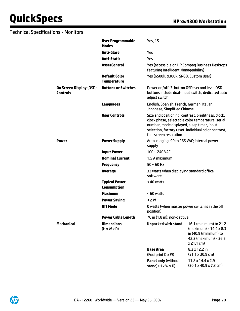 Quickspecs | HP XW4300 User Manual | Page 70 / 90