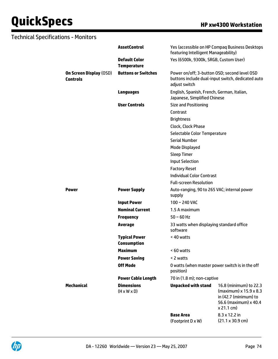 Quickspecs | HP XW4300 User Manual | Page 74 / 90