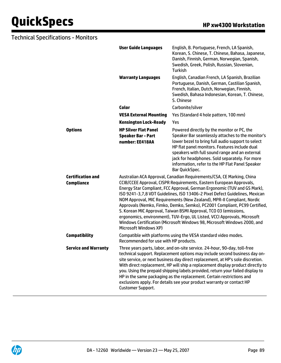 Quickspecs | HP XW4300 User Manual | Page 89 / 90