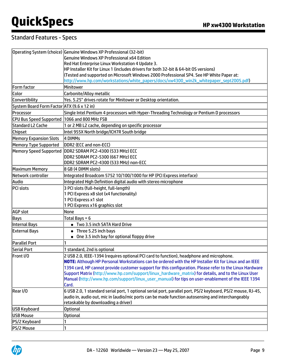Standard features - specs, Quickspecs, Hp xw4300 workstation standard features - specs | HP XW4300 User Manual | Page 9 / 90