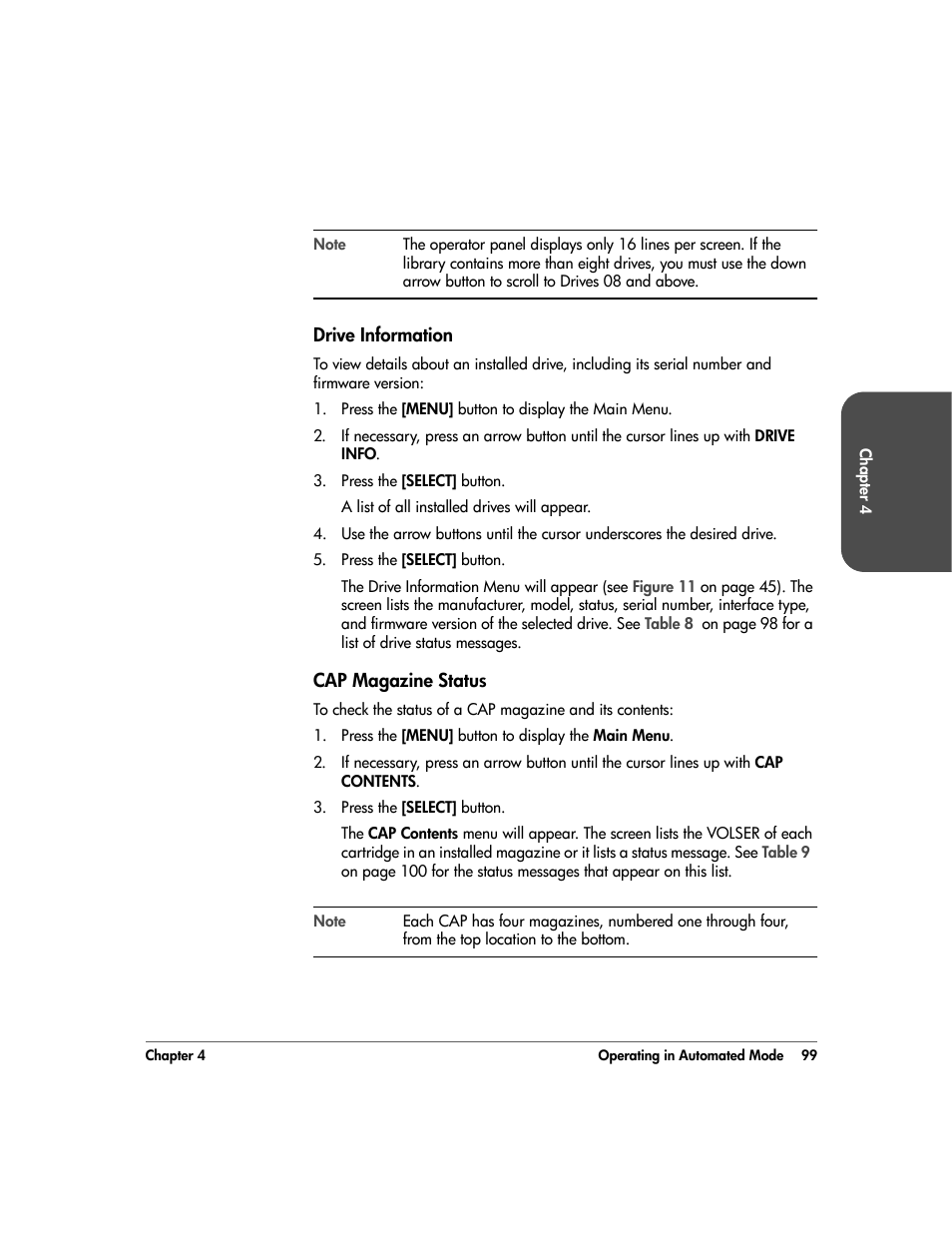 Drive information, Cap magazine status, Drive information 99 | Cap magazine status 99 | HP 20/700 User Manual | Page 100 / 219