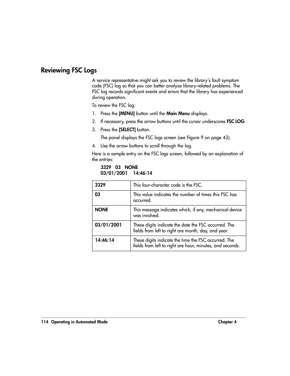 Reviewing fsc logs, Reviewing fsc logs 114 | HP 20/700 User Manual | Page 115 / 219