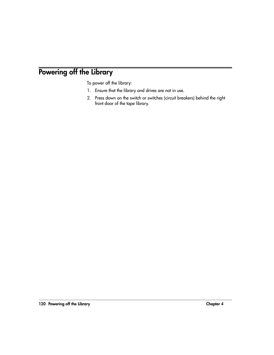 Powering off the library, Powering off the library 120 | HP 20/700 User Manual | Page 121 / 219