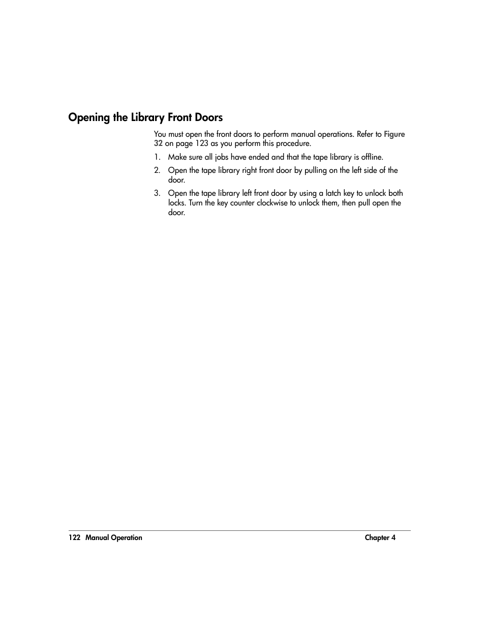 Opening the library front doors, Opening the library front doors 122, S (see | HP 20/700 User Manual | Page 123 / 219