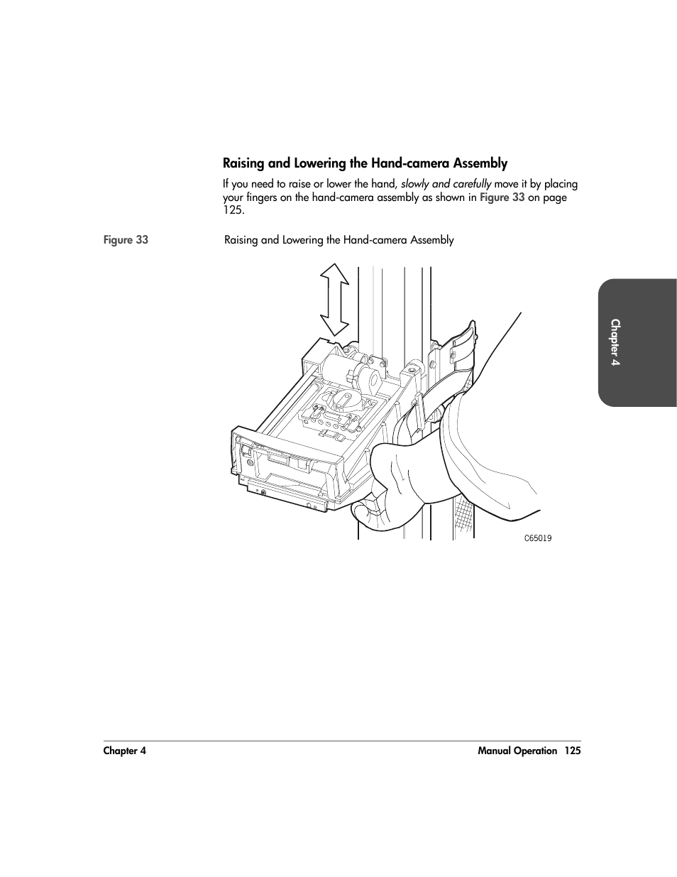 Raising and lowering the hand-camera assembly, Raising and lowering the hand-camera assembly 125, N in | Figure 33 | HP 20/700 User Manual | Page 126 / 219