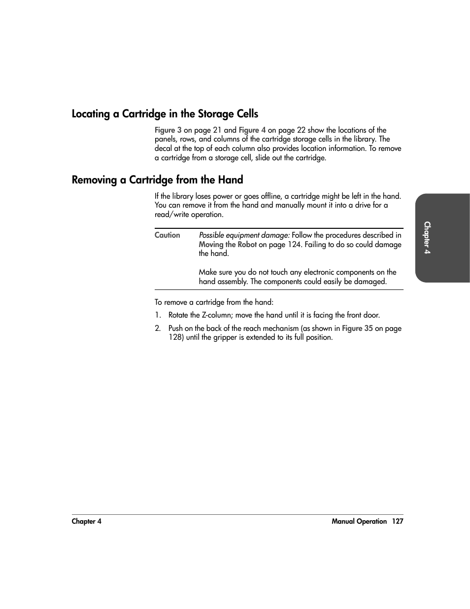 Locating a cartridge in the storage cells, Removing a cartridge from the hand, Locating a cartridge in the storage cells 127 | Removing a cartridge from the hand 127 | HP 20/700 User Manual | Page 128 / 219