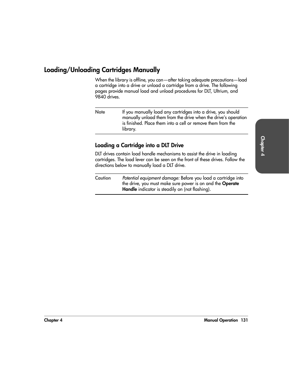 Loading/unloading cartridges manually, Loading a cartridge into a dlt drive, Loading/unloading cartridges manually 131 | Loading a cartridge into a dlt drive 131 | HP 20/700 User Manual | Page 132 / 219
