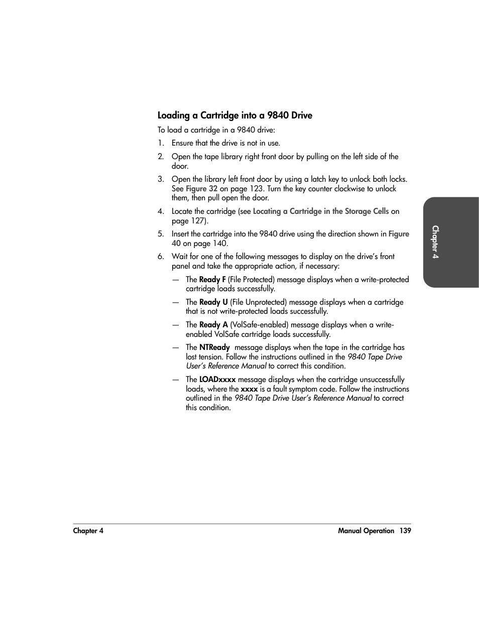 Loading a cartridge into a 9840 drive, Loading a cartridge into a 9840 drive 139 | HP 20/700 User Manual | Page 140 / 219