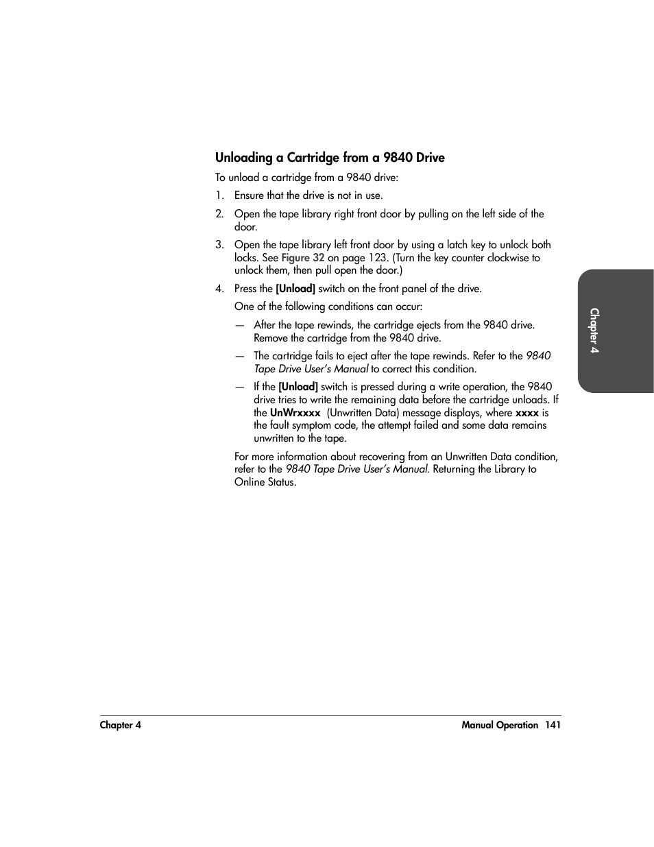 Unloading a cartridge from a 9840 drive, Unloading a cartridge from a 9840 drive 141 | HP 20/700 User Manual | Page 142 / 219