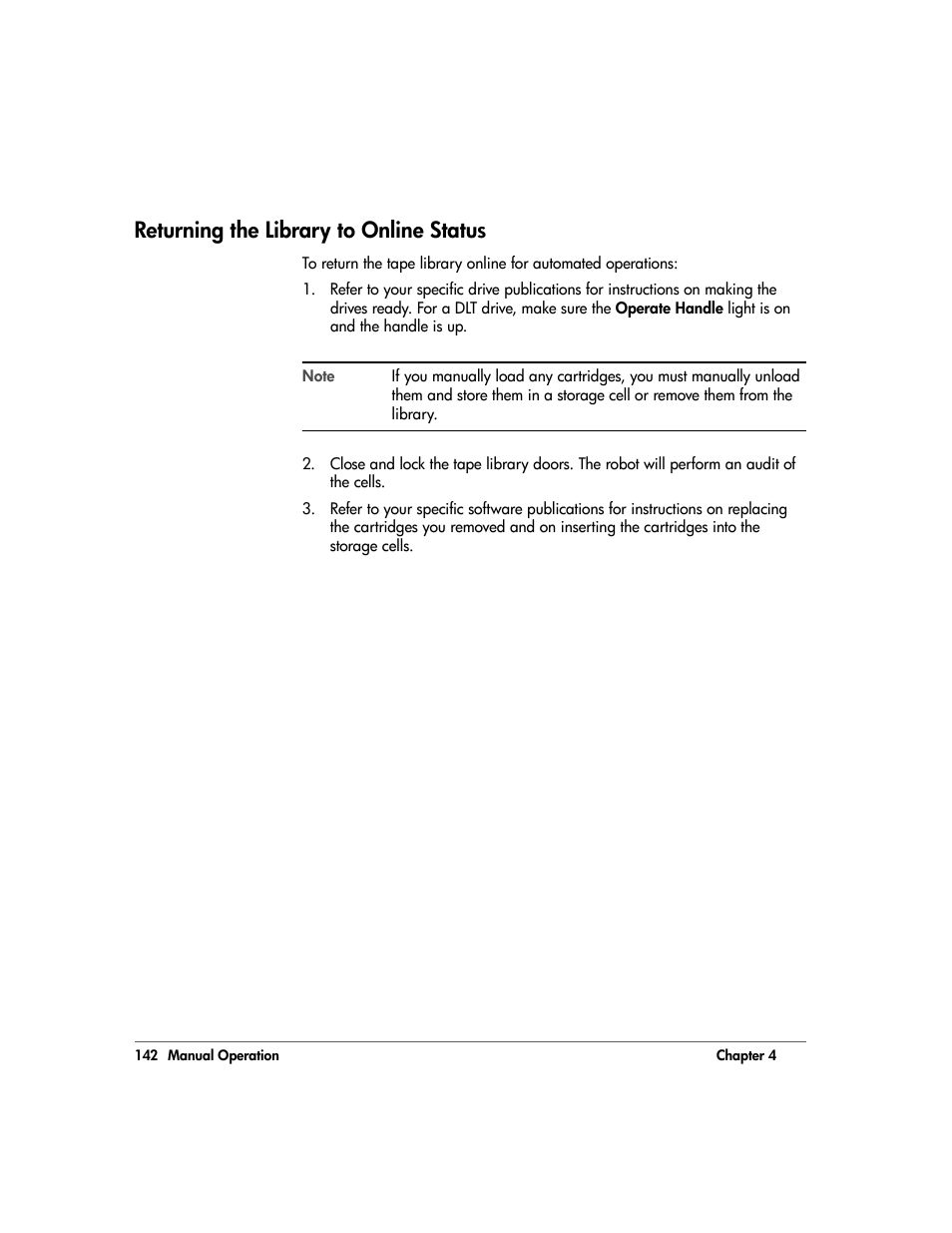 Returning the library to online status, Returning the library to online status 142 | HP 20/700 User Manual | Page 143 / 219