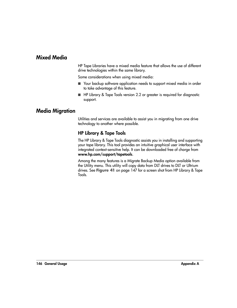 Mixed media, Media migration, Hp library & tape tools | Mixed media 146, Media migration 146, Hp library & tape tools 146 | HP 20/700 User Manual | Page 147 / 219