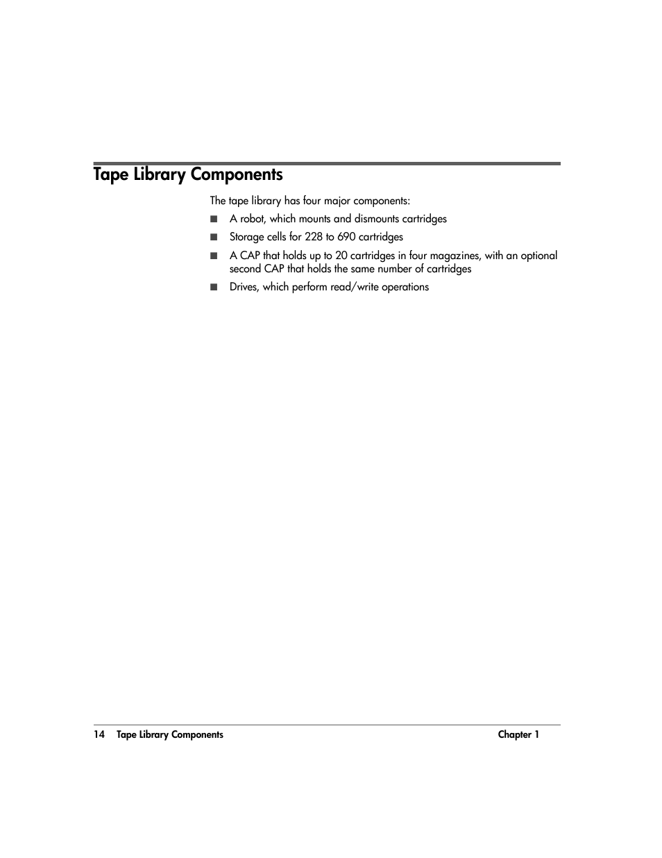 Tape library components, Tape library components 14 | HP 20/700 User Manual | Page 15 / 219