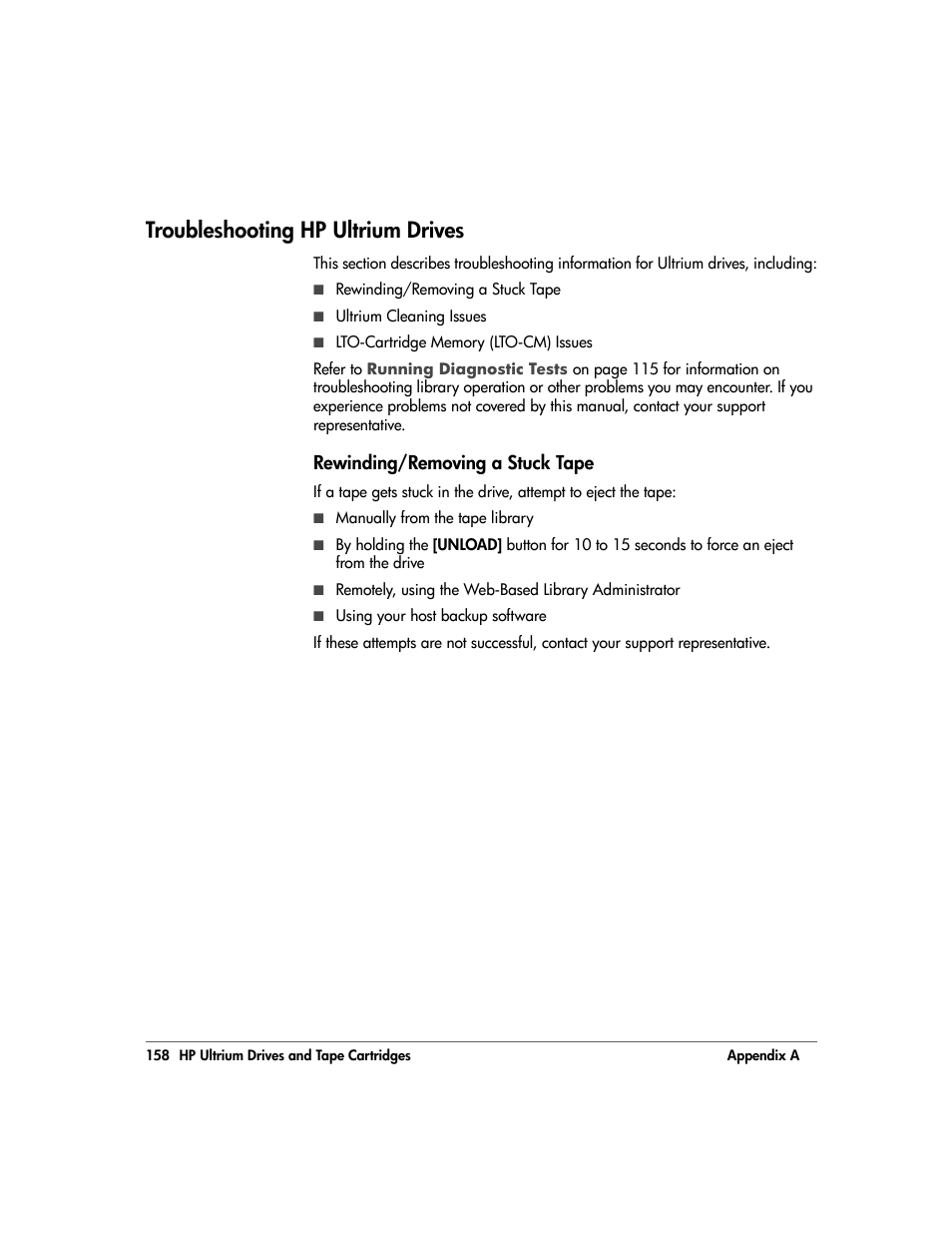 Troubleshooting hp ultrium drives, Rewinding/removing a stuck tape, Troubleshooting hp ultrium drives 158 | Rewinding/removing a stuck tape 158 | HP 20/700 User Manual | Page 159 / 219