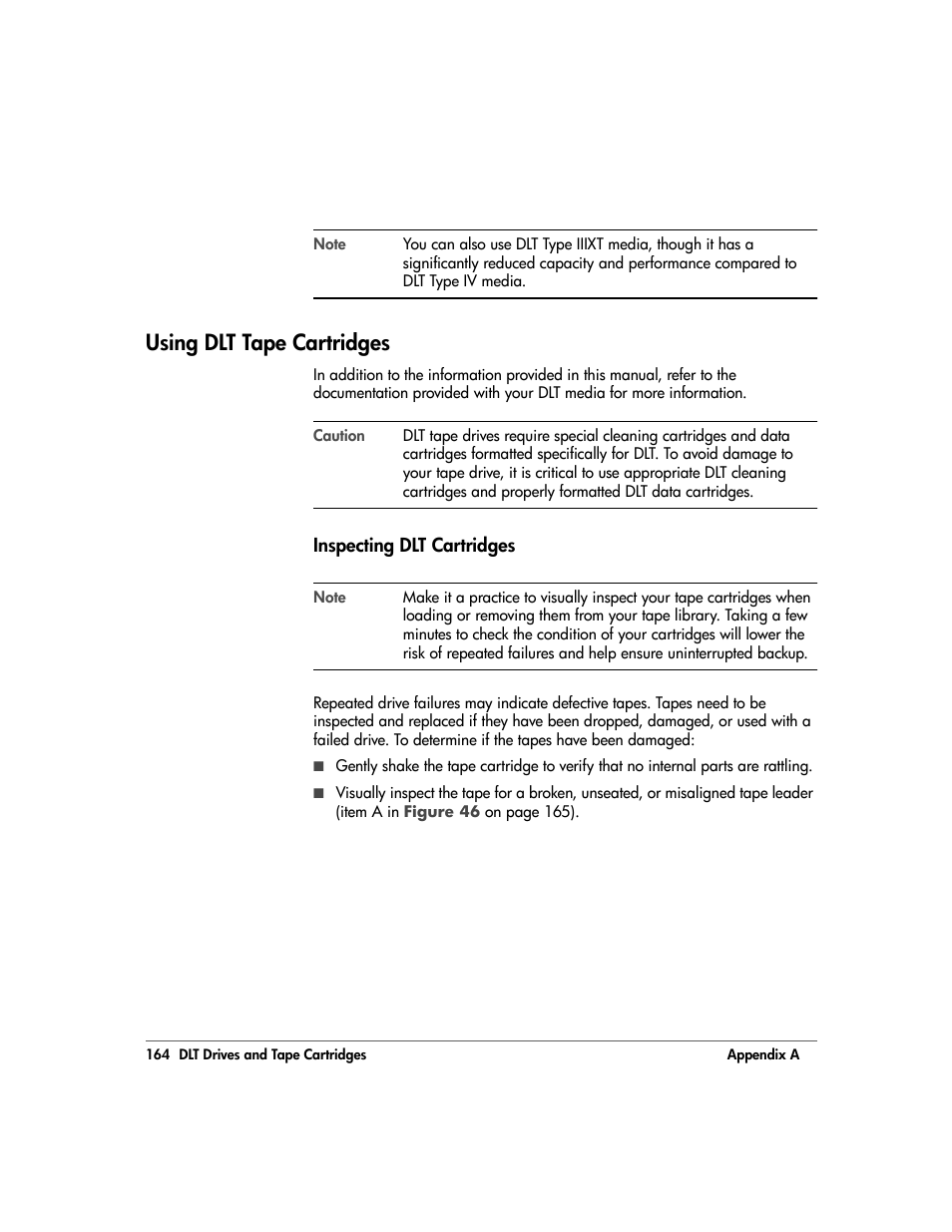 Using dlt tape cartridges, Inspecting dlt cartridges, Using dlt tape cartridges 164 | Inspecting dlt cartridges 164 | HP 20/700 User Manual | Page 165 / 219