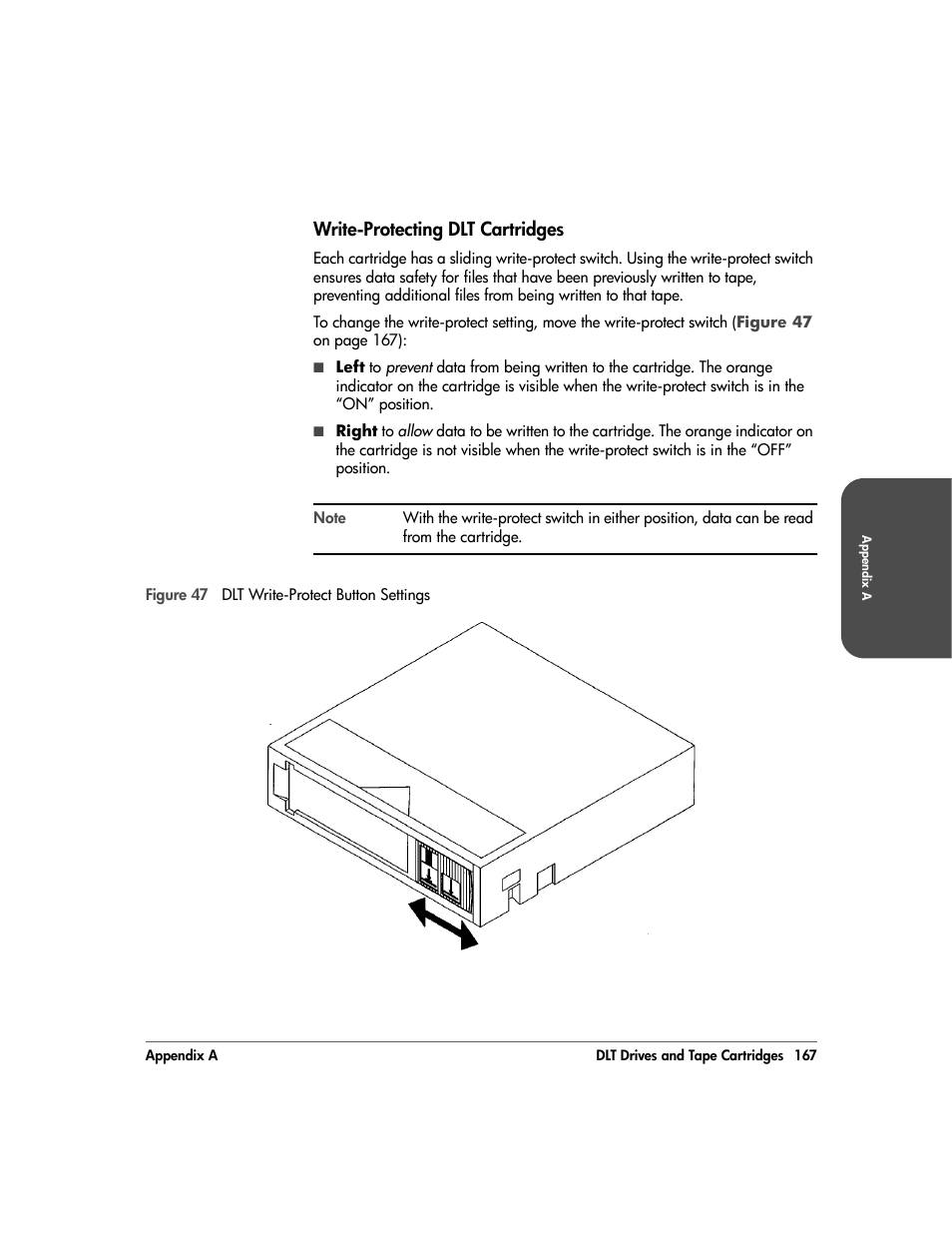 Write-protecting dlt cartridges, Write-protecting dlt cartridges 167 | HP 20/700 User Manual | Page 168 / 219