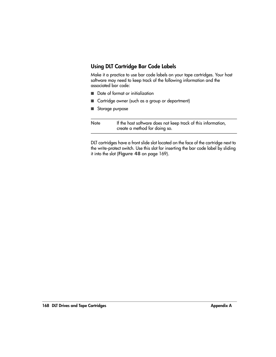 Using dlt cartridge bar code labels, Using dlt cartridge bar code labels 168 | HP 20/700 User Manual | Page 169 / 219