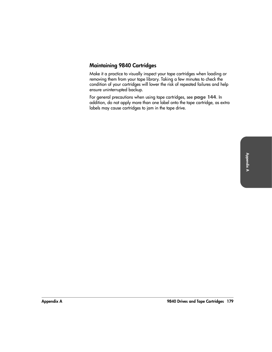 Maintaining 9840 cartridges, Maintaining 9840 cartridges 179 | HP 20/700 User Manual | Page 180 / 219