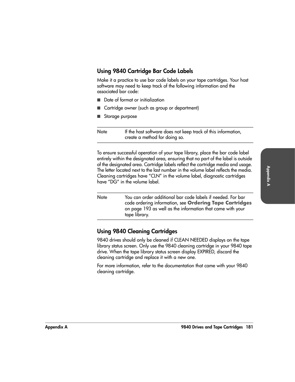 Using 9840 cartridge bar code labels, Using 9840 cleaning cartridges, Using 9840 cartridge bar code labels 181 | Using 9840 cleaning cartridges 181 | HP 20/700 User Manual | Page 182 / 219
