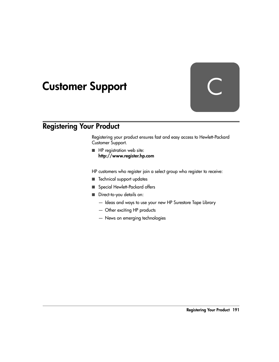 C: customer support, Registering your product, Appendix c | Customer support 191, Registering your product 191, Customer support | HP 20/700 User Manual | Page 192 / 219