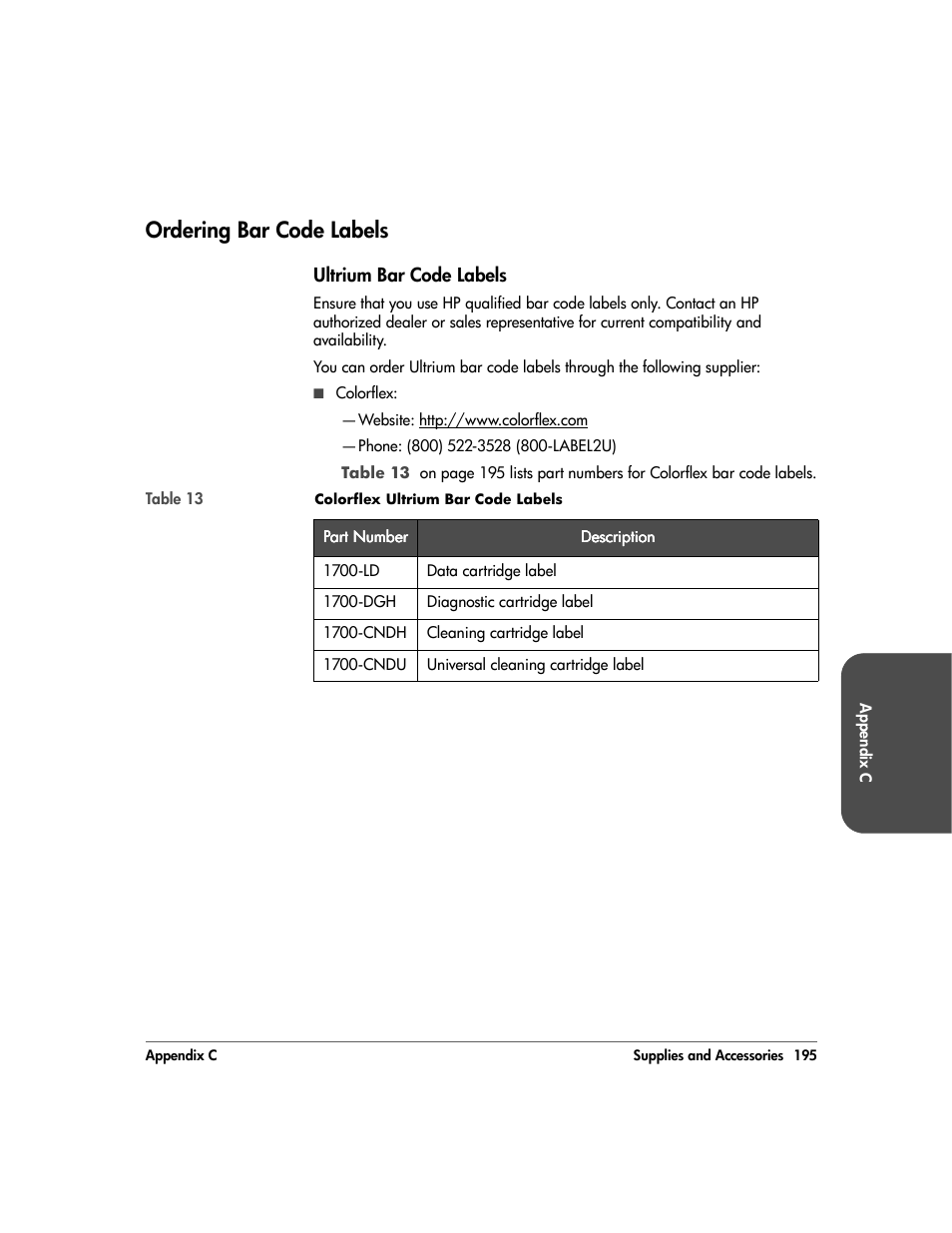 Ordering bar code labels, Ultrium bar code labels, Ordering bar code labels 195 | Ultrium bar code labels 195 | HP 20/700 User Manual | Page 196 / 219