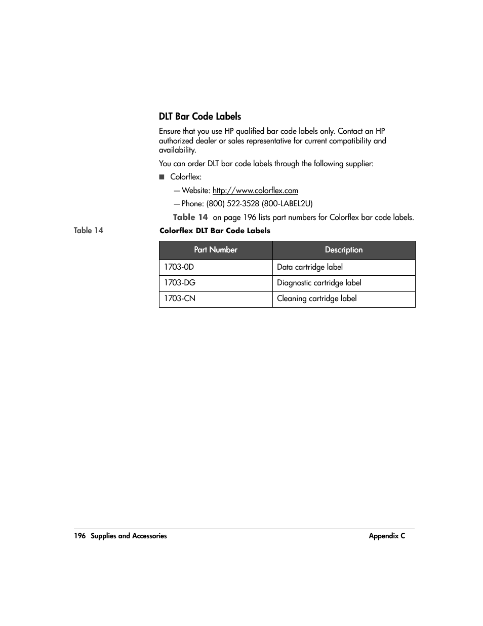 Dlt bar code labels, Dlt bar code labels 196 | HP 20/700 User Manual | Page 197 / 219