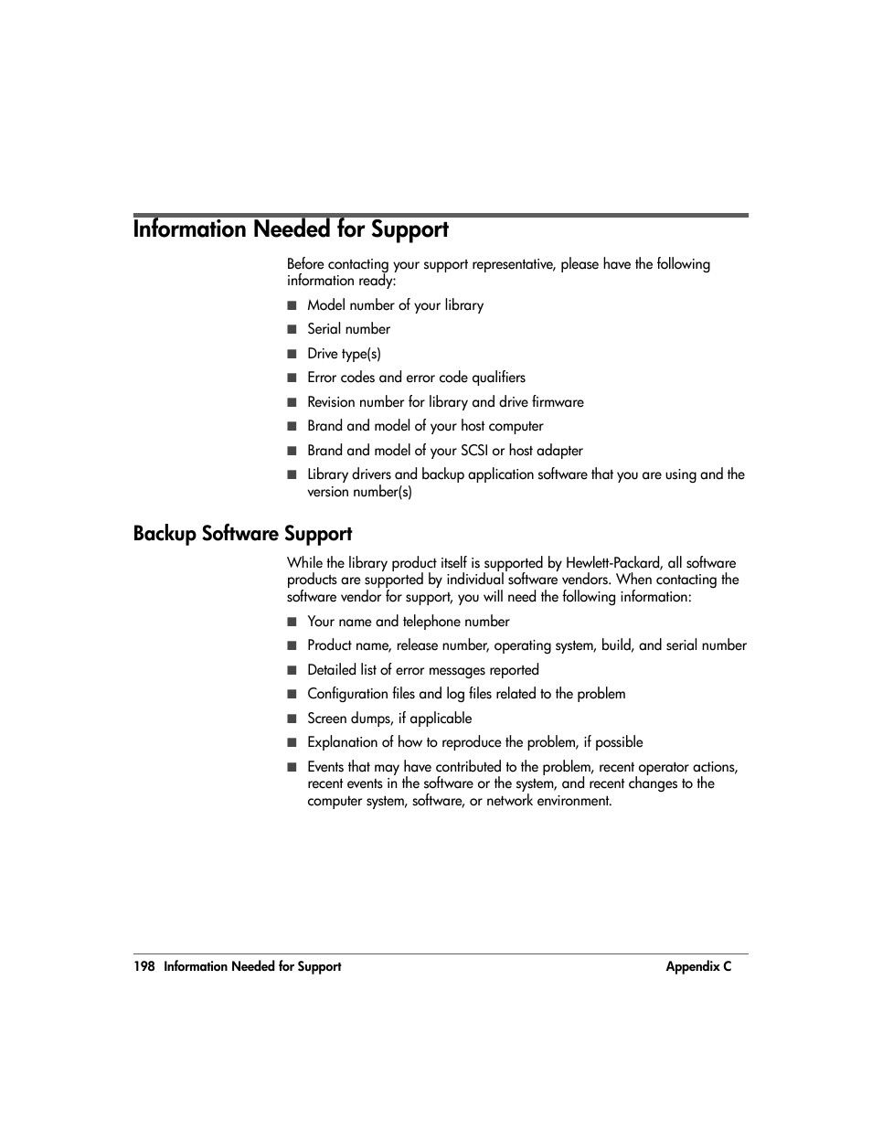 Information needed for support, Backup software support, Information needed for support 198 | Backup software support 198 | HP 20/700 User Manual | Page 199 / 219