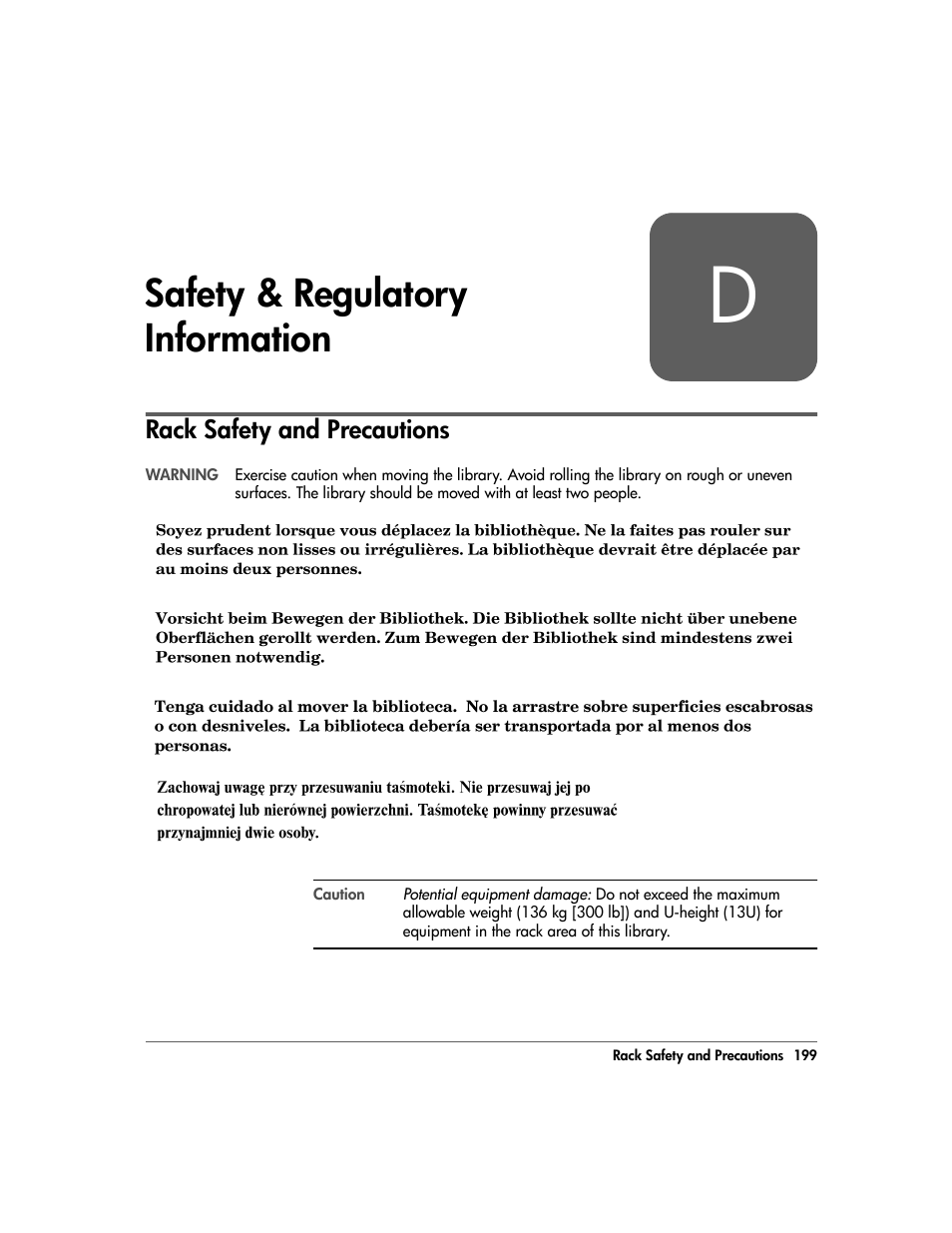 D: safety & regulatory information, Rack safety and precautions, Appendix d | Safety & regulatory information 199, Rack safety and precautions 199, Safety & regulatory information | HP 20/700 User Manual | Page 200 / 219