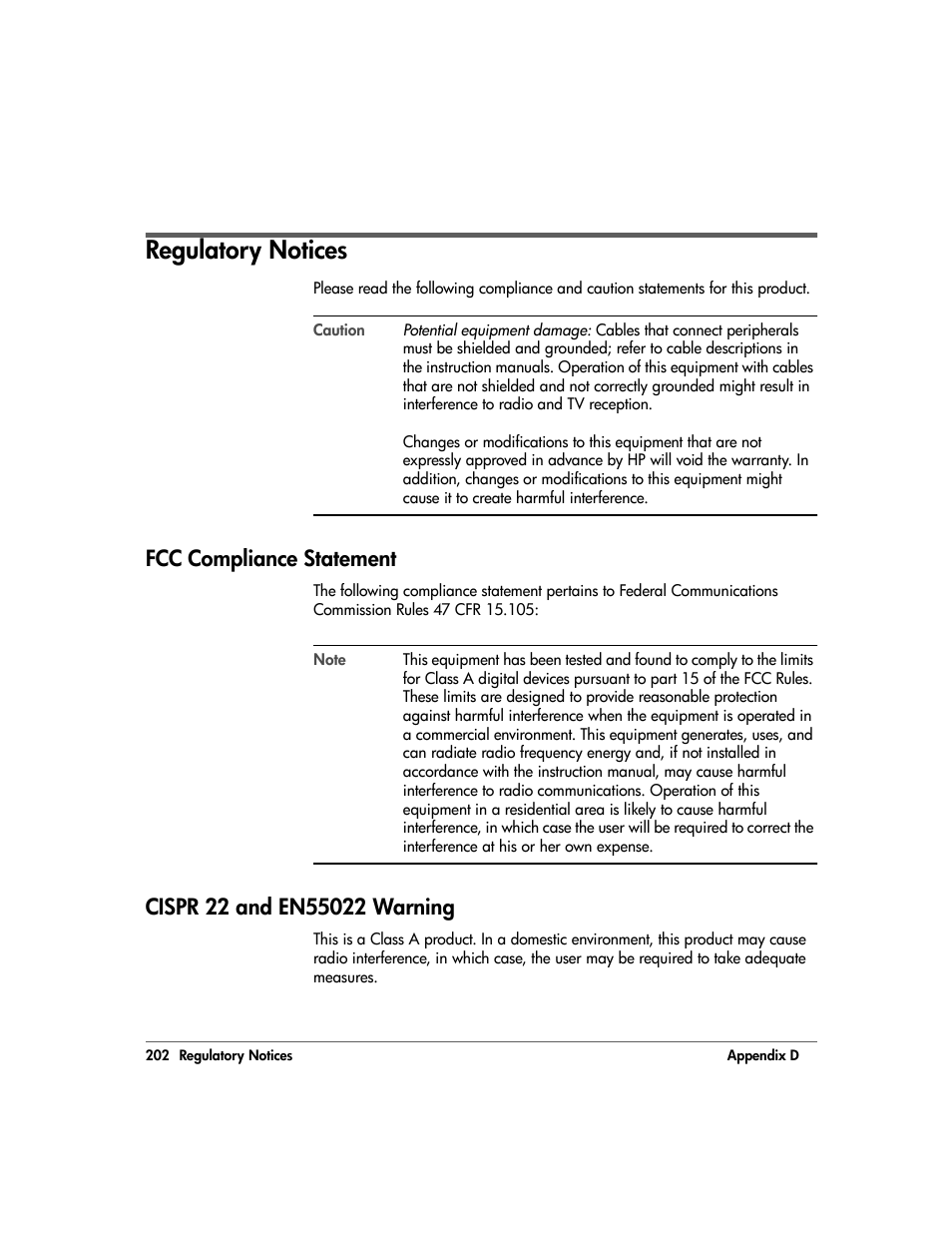 Regulatory notices, Fcc compliance statement, Cispr 22 and en55022 warning | Regulatory notices 202, Fcc compliance statement 202, Cispr 22 and en55022 warning 202 | HP 20/700 User Manual | Page 203 / 219