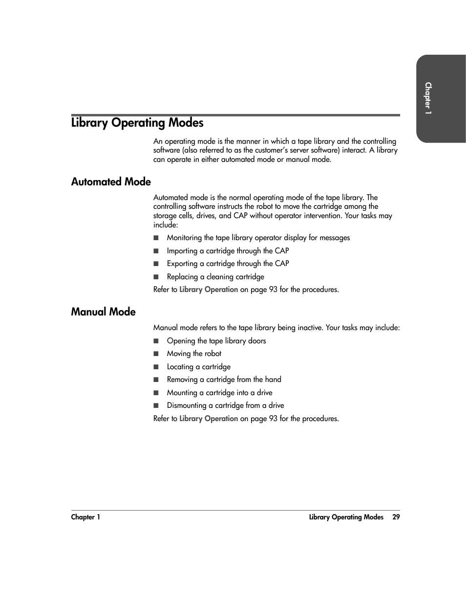 Library operating modes, Automated mode, Manual mode | Library operating modes 29, Automated mode 29, Manual mode 29 | HP 20/700 User Manual | Page 30 / 219