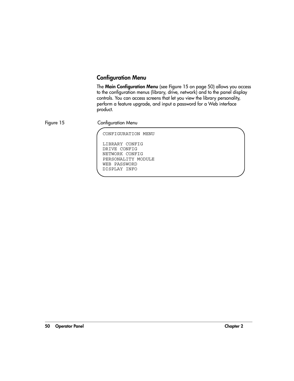 Configuration menu, Configuration menu 50 | HP 20/700 User Manual | Page 51 / 219